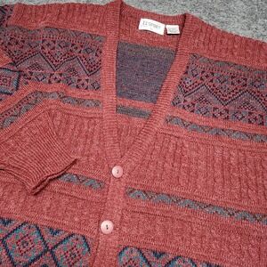 Mens Maroon Geometric Vintage Wool Cardigan Sweater Grandpa Cabincore Medium